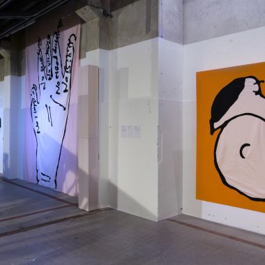 Des Hughes, vue d'exposition - Snoopy Banner, 2015 - No Banner, 2016 © Luc Bertrand